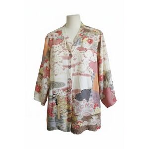 Citron Santa Monica 1X Silk Blouse Plus Size Floral Asian Print Button Up